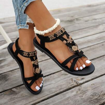 Summer Versatile Women Flat Sandals, Comfortable Flats, Chinese Style Round Toe Cloth Sandals With 3D Flower Design, Retro Black Sandals