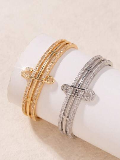 2pcs/Set Luxury Style Women's Brooch Ring + Brooch Bracelet Fashion Jewelry Set, Suitable For Daily Wear, Ideal Gift For Friends (Note: Due To Different Production Batches, There May Be Some Color Differences)