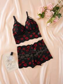 Set de 3 piezas Ropa interior de mujer con encaje francés romántico y sexy, que incluye sujetador sin aros con espalda descubierta y camiseta