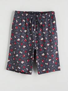 2 pièces Ensemble de tenues d'intérieur légères pour hommes en été - T-shirt à col ras du cou avec imprimé pomme et lettre, et shorts. Tenue décontractée et confortable pouvant être portée à l'extérieur.