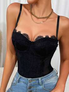 1pc Lace Bodysuit, Sexy Clubwear For Going Out, Party, Backless Camisole, Fitted Spaghetti Strap Top - Black - View 6