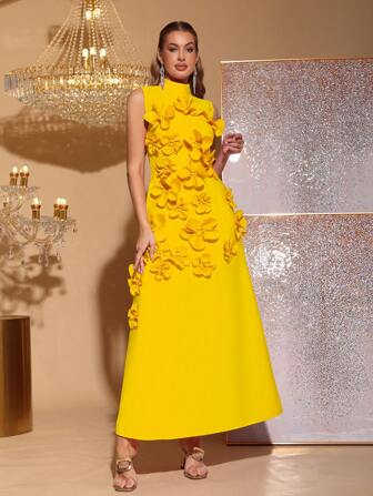 Modphy New Fashion High-End 3D Floral Decor Fitted High Neck Sleeveless Bowknot Maxi Dress, Elegant Bridesmaid/Wedding Guest Formal Party Gown