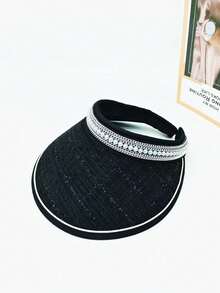 1 件随机新款大帽檐太阳帽女士夏季百搭珍珠头带帽黑色防紫外线露顶帽