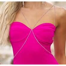 Mini Dresses For Women Elegant Women's Stunning Hot Pink Mini Dress Featuring Sparkling Diamond Chain Straps And A Flattering Fit, Crafted From Luxe Fabric For Glamorous Nights, Cocktail Parties, Night Out Events, Or Celebrations - Medium - View 3