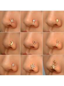 Anillo de nariz sin perforación, diseño en forma de U de cobre con circonita cúbica, estrellas, corazones y coronas, decoración para la nariz sin perforación