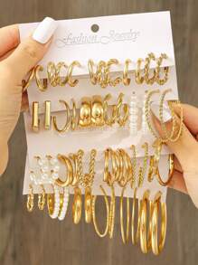 48/12pcs Vintage Punk Style Women Metal Earring Set, Classic Elegant Faux Pearl Hoop Earrings, All Season Jewelry Set Suitable For Daily Life, Party, Music Festival, Exquisite Holiday Gift