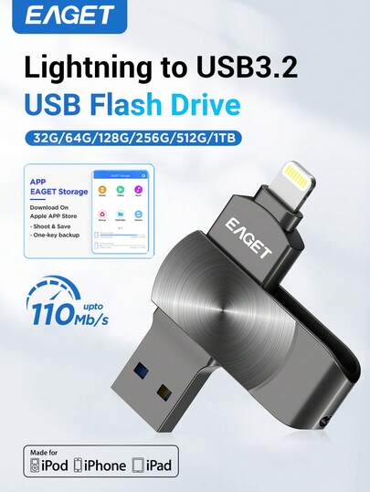 EAGET MFI Certified 1T/512GB/256GB/128GB/64GB/32GB Dual-Interface Flash Drive, USB 3.2 & Lightning Connector, Portable Memory Stick, Plug & Play Expansion Compatible With Iphone/IPad