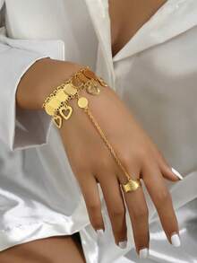 1pc Vintage Personalized Versatile Hollow Carved Multi-Layer Connected Finger Set Ancient Coin Back Of Hand Bracelet For Women - C - View 2