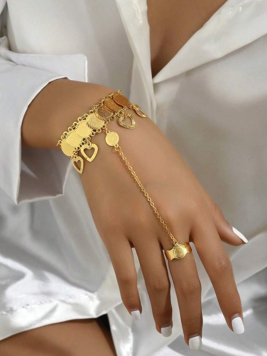 1pc Vintage Personalized Versatile Hollow Carved Multi-Layer Connected Finger Set Ancient Coin Back Of Hand Bracelet For Women
