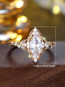 1 pieza Anillo ovalado con flor incrustada de circonita cúbica en estilo de Palacio francés elegante, adecuado para fiestas, ceremonias, vacaciones, aniversarios y cumpleaños