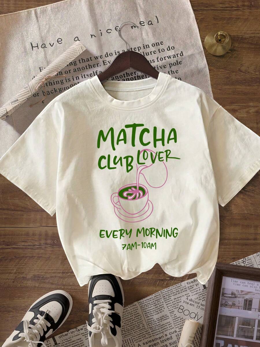 Áo thun tay ngắn cổ tròn in họa tiết MATCHA CLUB LOVER dành cho nữ - mai nhẹ - Xem 1