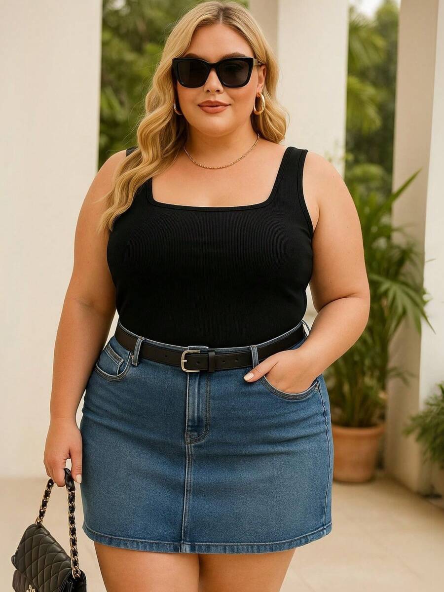 Women's Plus Size Ribbed Casual Tank Top - màu đen - Xem 1