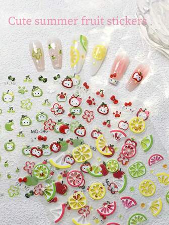 annies 1-3pcs/Set Summer Cooling Green Apple, Kitty, Lemon, Cherry, Bow Nail Art Stickers, Cute Nail Decals DIY