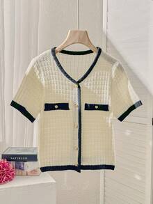 Nuevo Cárdigan de mujer de manga corta con cuello redondo y hebilla metálica, de primavera y verano, de punto, de temperamento simple, casual de vacaciones, delgado, suéter de moda de manga corta, para graduación