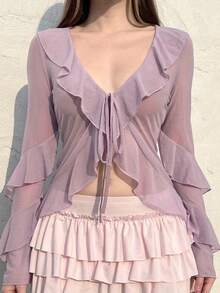 Women's Summer Ruffled Cardigan Solid Color Long Sleeve Tie Front V-Neck Sheer Mesh Slim Tops - Purple - View 1