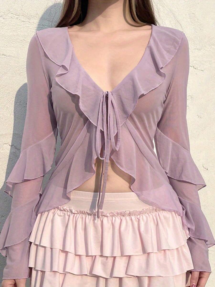 Women's Summer Ruffled Cardigan Solid Color Long Sleeve Tie Front V-Neck Sheer Mesh Slim Tops - Purple - View 1