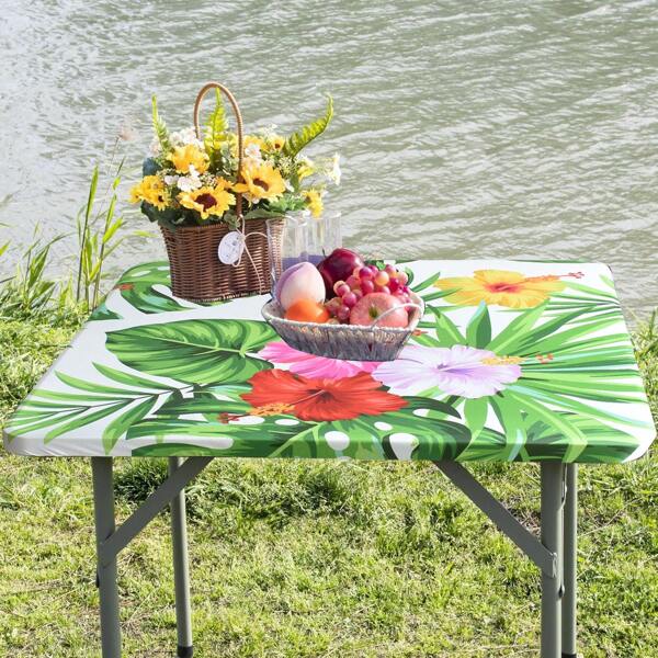 Square Fitted Tablecloth With Elastic Edge Tropical Palm Leaves Design, Outdoor Square Card Table Tablecloth For Indoor Kitchen Decor