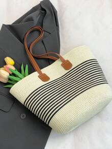 草编托特包大容量草编包女手提包2025新款时尚百搭通勤单肩包沙滩包旅行度假草编托特包条纹编织女包