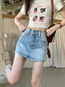 Summer Casual Washed Distressed A-Line Denim Shorts Skirt - Blue - View 3