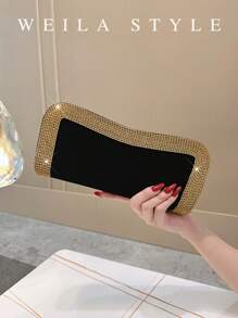 Luxury Black Rhinestone Embellished Velvet Clutch Bag, Gold Diamond Trim Evening Bag For Wedding Party Prom Formal Gown Envelope Clutch Purse, High-End Fashion Small Shoulder Handbag