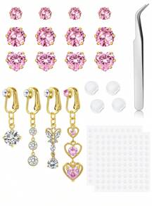 Piercing de ombligo falso estilo Y2K para pegar, joyas de piercing de ombligo falso con corazones de CZ de acero inoxidable en color rosa, plata y oro, aretes falsos con corazones rosa, joyas de piercing de ombligo falso para pegar sin perforación