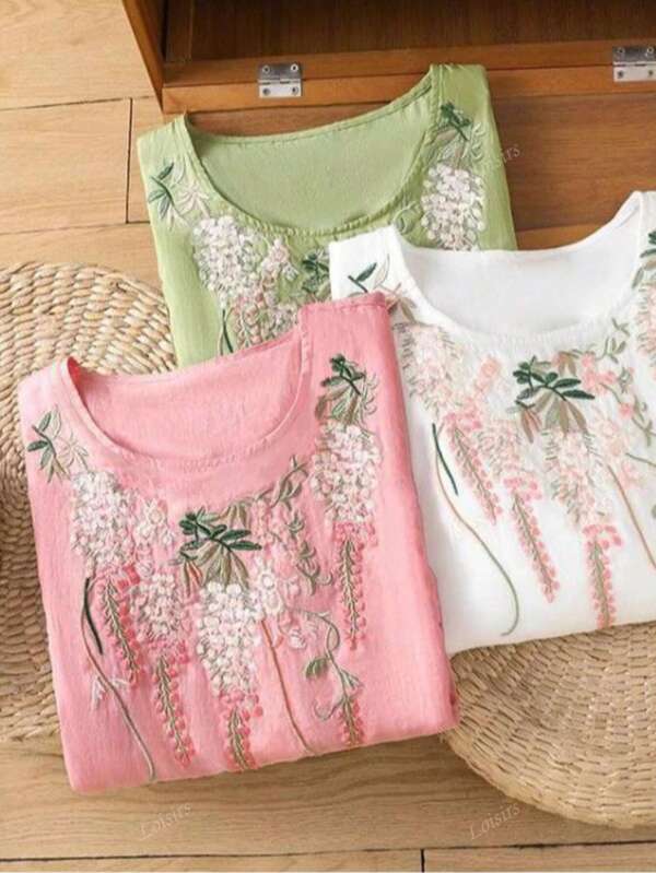 Women's Vintage Embroidered Boho Blouse, Round Neck Casual Elegant 3/4 Sleeve Tops, Spring Autumn
