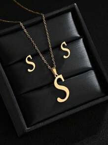 1 Set A-Z Stainless Steel Initial Necklace And Stud Earrings Jewelry Sets Alphabet Letter Pendant Chain Accessories Gifts