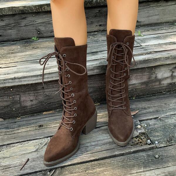 Gothic Style Women's Denim Mid-Calf Boots, Fashion Chunky Heeled Western Cowboy Boots