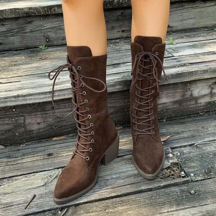 哥特式女式牛仔中筒靴，时尚粗跟西部牛仔靴