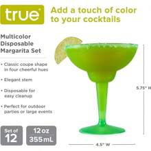 TRUE Plastic Margarita Glasses, Disposable Margarita Glass Cups, Colorful Cocktail Glasses, Pool And Beach Party, Holidays, BBQs, Indoor & Outdoor Parties, 12 Oz, Set Of 12, Multicolor
