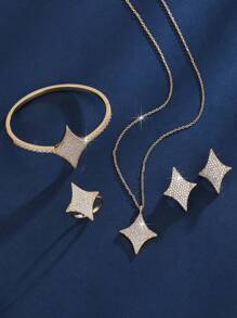 4pcs/Set Copper Middle Eastern Style Full Crystal Luminous Bracelet + Ring Necklace Earring Luxury Jewelry Set