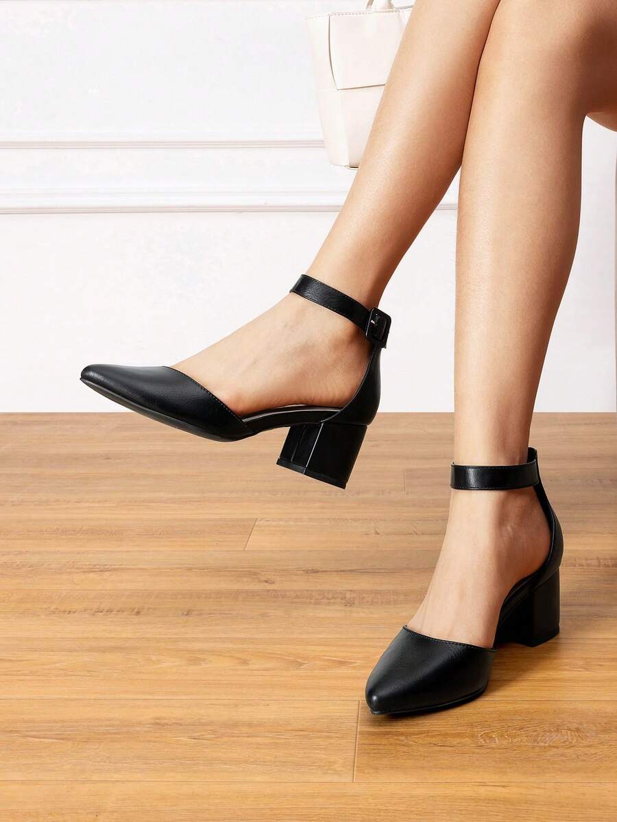 Zapatos de tacón bajo con tiras al tobillo para mujer, de corte ancho, color liso, elegantes y formales para boda - Negro-PU - Ver 1