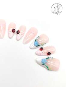 10 Pieces Of Pure Hand-Pressed Wearable Nails, Press On Nails, Nail Supplies, Nails Press On, Beach Essentials, 25mm Long Nail Pieces, Rose-Red Nail Color, Hand-Painted Petals, Hand-Painted Green Branches And Flowers, Multiple Beetle Ornaments