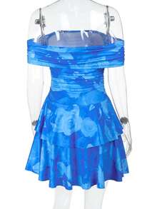 Women's Floral Print Off Shoulder Elegant Ruffle Spring/Summer Dress - Blue - View 3