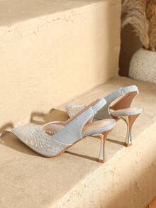 Women's Pointy Toe Rhinestone Decor Strap High Heel Sandals, Suitable For Daily Wear, Party, And Banquet, Spring/Summer - Silver - View 5