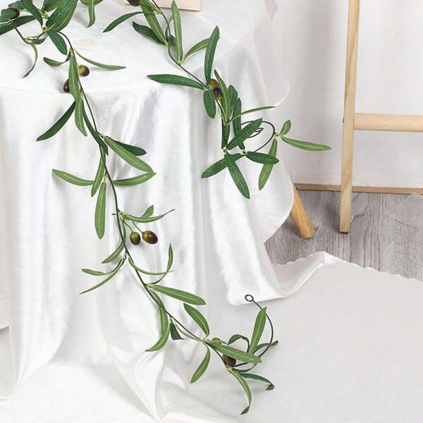 1 pieza Guirnalda de vid artificial suave de 74.8 pulgadas/190 cm, vid de follaje verde falso para decoración de mesa de boda, arco, decoración del hogar y jardín exterior, corona de hojas y frutos de olivo artificiales, plantas falsas