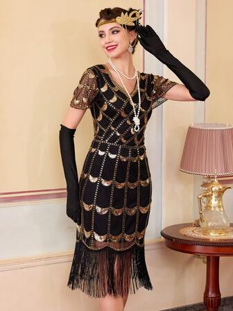 1920S Dresses For Women, Fringed Sequin Dresses,Roaring 20s Costumes For Harlem Nights