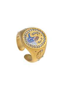 1pc Summer Fashion Stainless Steel Popular Valentine's Day Lion Mermaid Love Painting Ring. Plated With 18K Gold, Waterproof And Sweat Resistant, Suitable For Valentine's Day And Holiday Play, Outdoor Activities, And Holiday Outings. Ladies' Jewelry.