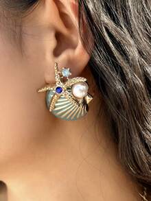 1 件海星和贝壳仿珍珠装饰时尚耳钉，适合女士夏季佩戴