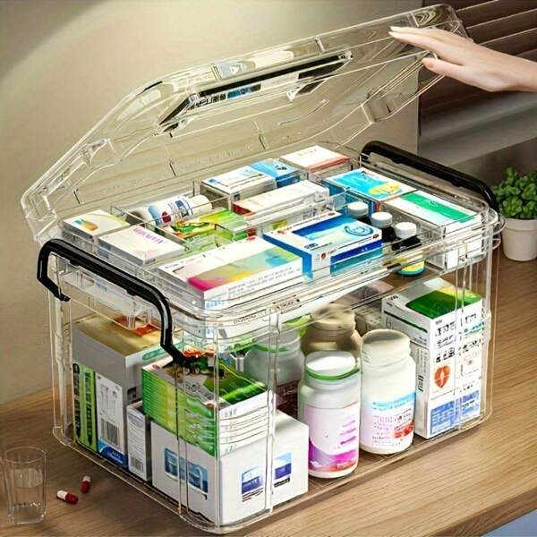 Scatola di stoccaggio per medicinali doppiamente impermeabile in PVC trasparente - facile da usare, adatta per casa e viaggio, senza alimentazione elettrica, leggera, superficie opaca, installabile su piano di lavoro, design compatto, scatola di stoccaggio impermeabile