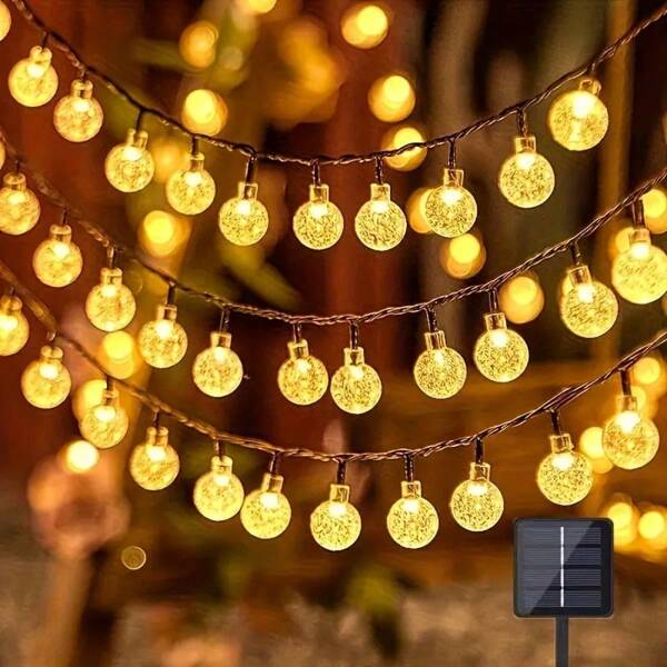 1 pieza Luces de cadena con bola de cristal solar, 8 modos de iluminación, 12m/7m/5m, Luces solares para jardín a prueba de agua para patio, porche, boda, decoración de fiesta
