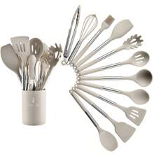 12/14 pièces Set d'ustensiles de cuisine en silicone, Set d'ustensiles de cuisine, Set d'outils de cuisine, Set de fournitures de cuisine, comprend un seau de rangement, une spatule de cuisson anti-adhésive, des pinces, des ustensiles de cuisine lavables modernes, des essentiels de cuisine, cadeau de Noël/Halloween