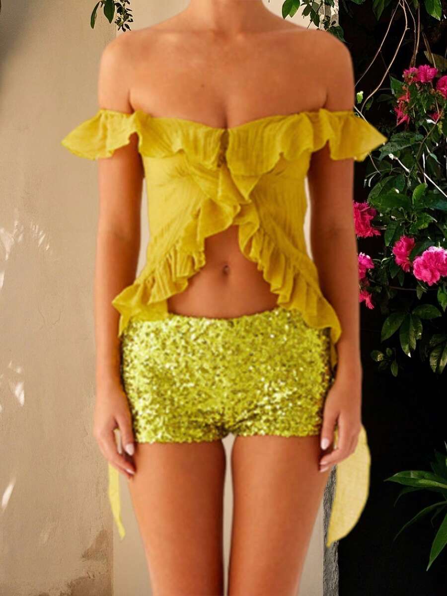 Women Y2k Frill Trim Off Shoulder Tank Top Little See Through Low Cut Solid Color Backless Sleeveless Irregular Ruffle Tassel Cami Shirt Summer Crop Top Streetwear - Green - View 1