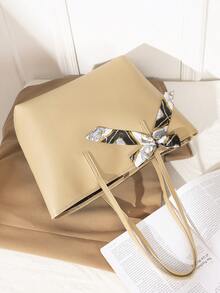 Fashionable Khaki Large Capacity Lightweight Scarf Decorated Tote Bag - Light Khaki - View 6