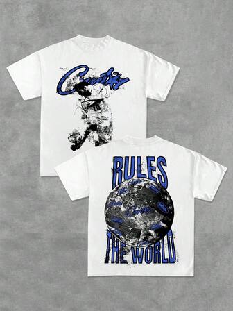 1pc Men's Drop Shoulder Short Sleeve Tee, Street Casual Style, Distressed Graphic Print, Suitable For Young Street, Commute, Daily, Back-To-School, Gift For Boyfriend/Husband