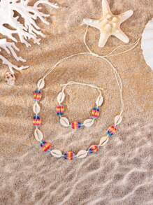 2 pièces/set Style de vacances balnéaire bohème, collier et bracelet set coquillage, coquillages dorés et roses faits main noués, convient pour les vacances ou les fêtes