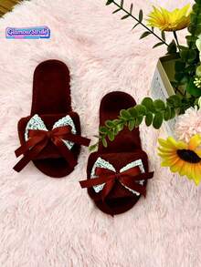 女士平底蝴蝶结蕾丝露趾毛绒拖鞋，粉色拖鞋，酒红色拖鞋 - 酒紅色 - 查看 4