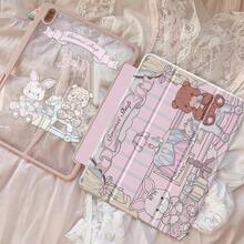 精美动漫可爱小熊，兔子字母蝴蝶结，双面彩绘亚克力透明水晶背板，防震，兼容iPad 7/8/10.2英寸保护壳，内置笔槽，支持睡眠唤醒，节日礼物，新年礼物