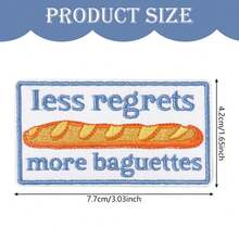 1pc "Less Regrets More Baguettes" Embroidered Iron-On Patch - Light Blue & Brown French Bakery Design, Paris Aesthetic Foodie Gift For Kitchen Apparel Accessories, Bakery Themed Patch | Parisian Aesthetic | Textured Design, Bakery Accessories