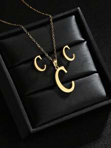 1 Set A-Z Stainless Steel Initial Necklace And Stud Earrings Jewelry Sets Alphabet Letter Pendant Chain Accessories Gifts